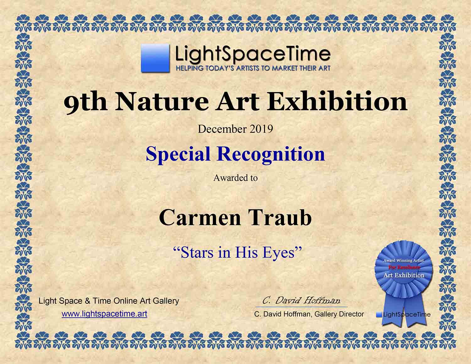 Special Recognition award for photo: 'Stars in his eyes' for CARMEN TRAUB Special Recognition Certificate Award for a photo called 'Stars In His Eyes', awarded to Carmen Traub