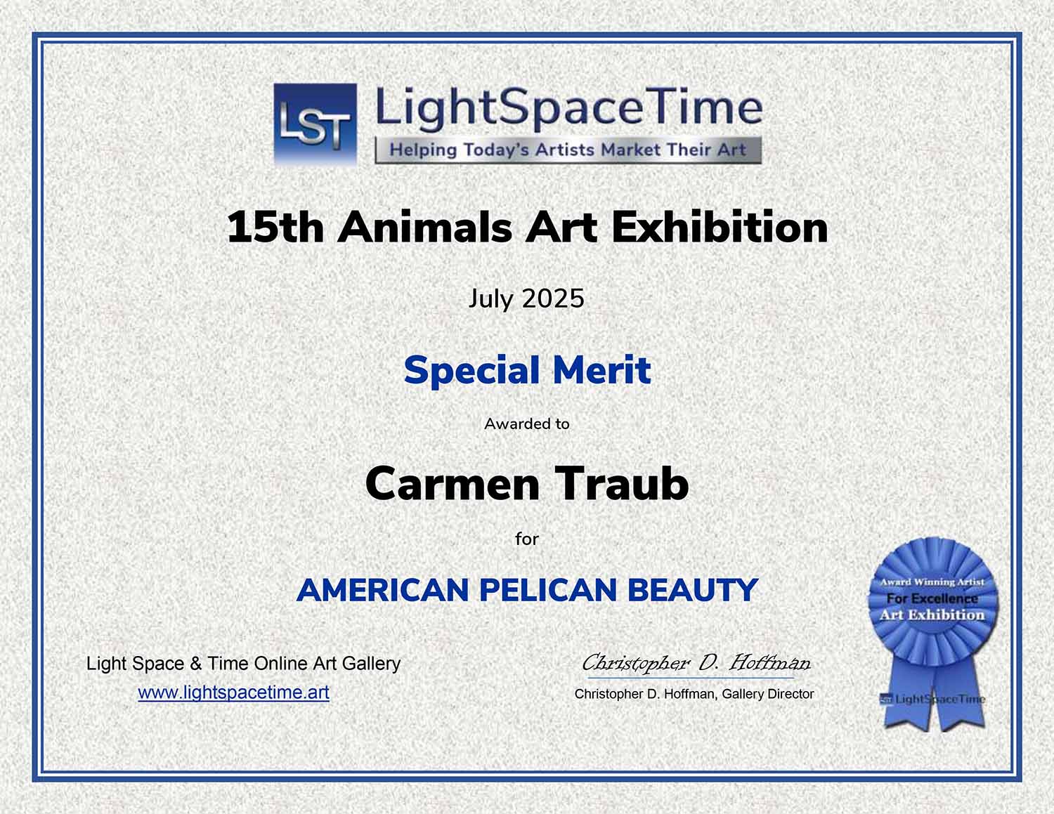 Light Space Time Special Merit certificate awarded to Carmen Traub for 'American Pelican Beauty' photo