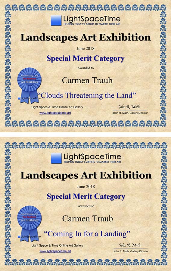 Landscapes Art Exhibition Award Certificates 2018 for Carmen Traub