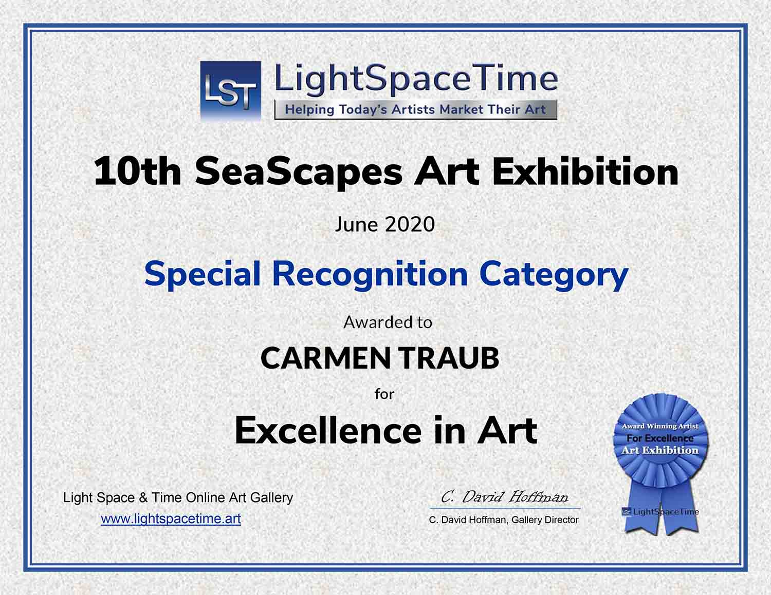 SeaScapes 2020 Award Certificate for Carmen Traub