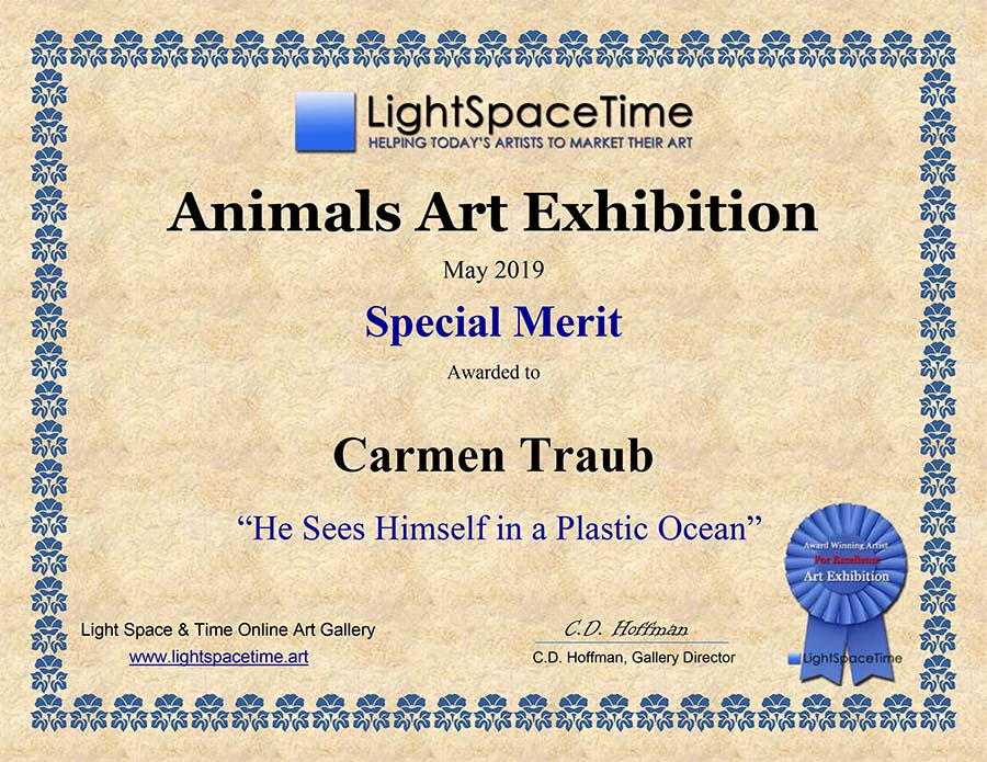 Special Merit Award for Carmen Traub's photo Animals Art Exhibition May 2019 Special Merit award for Carmen Traub's photo artwork called 'He Sees Himself in a Plastic Bottle'