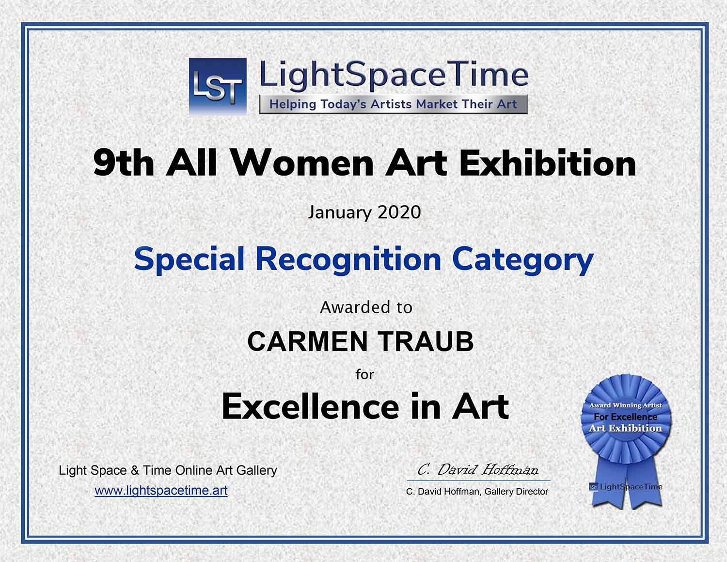 9th All Women Art Exhibition Special Recognition award certificate Carmen Traub